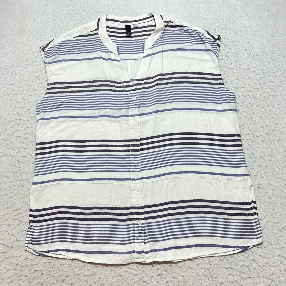 Kut From The Kloth Women's Large Sleeveless Button Up Blue + White Striped Top